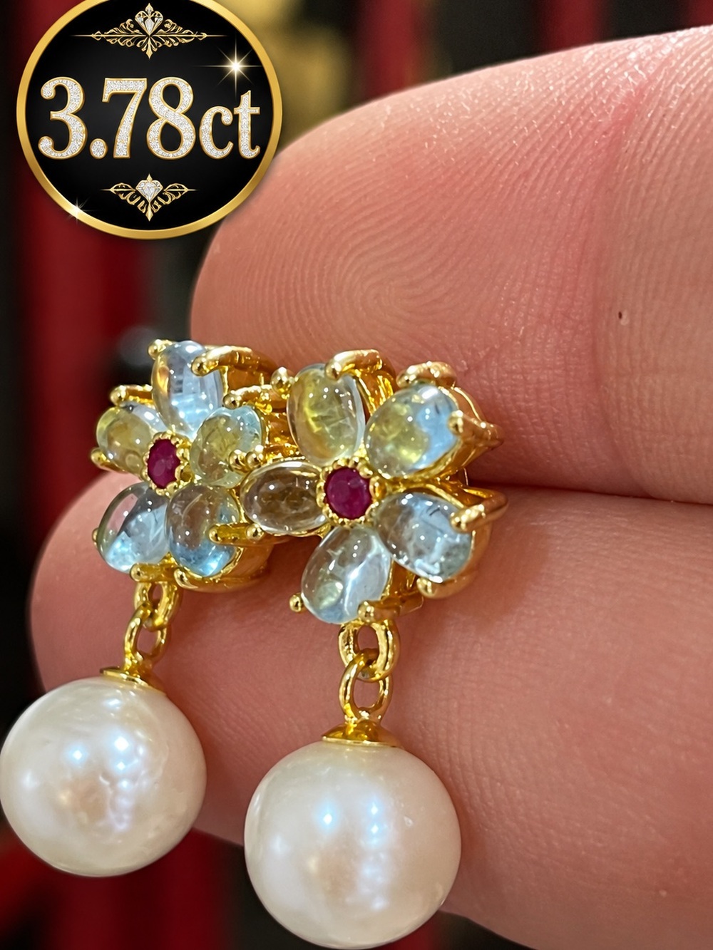 Aquamarine Ruby Pearl Earrings 14k yellow gold on silver 3.78 carats